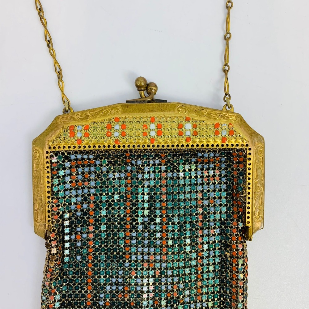 Whiting & Davis Vintage Beaded‎ Mesh Purse Evening Bag Flapper Deco Gold Frame - Picture 3 of 8